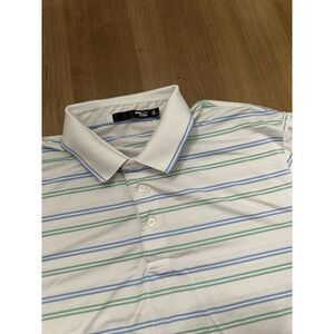 RLX Golf Ralph Lauren Mens Large Polo Shirt Wick Blue Green White Stripe Aure